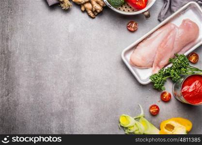 Raw chicken breast fillets with various vegetables ingredients for tasty diet cooking, preparation on concrete background, top view, border. Healthy food and Sports nutrition concept