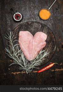 Raw chicken breast in heart shape with herbs and spices on dark wooden background, top view. Diet and health food concept