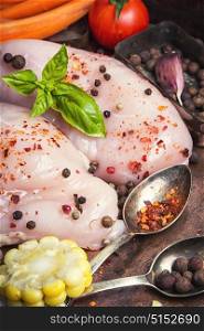 raw chicken breast. Raw chicken breast and spices for meat in spoons