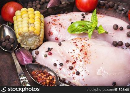 raw chicken breast. Raw chicken meat with spices and tomatoes
