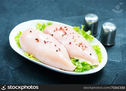 raw chicken fillet on the plate and on a table