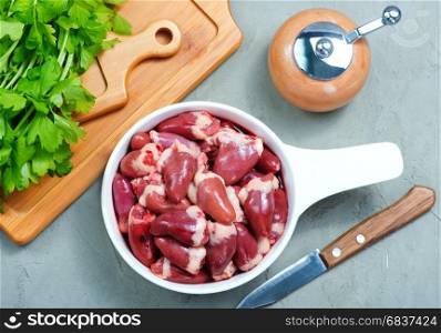 raw chicken hearts in bowl and on a table