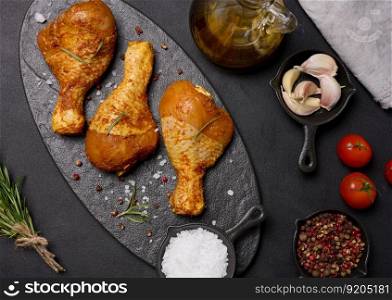Raw chicken legs in spices on a black board, top view. Cooking with spices