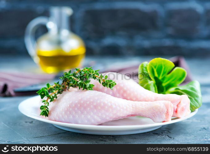 raw chicken legs on plate and on a table