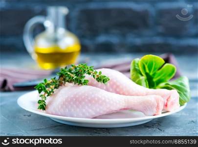 raw chicken legs on plate and on a table