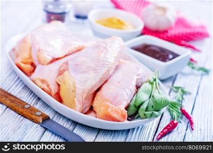 raw chicken legs on plate and on a table