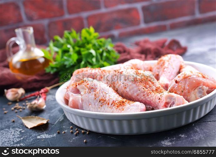 raw chicken legs with spice and salt