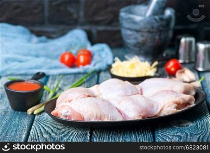 raw chicken meat on plate and on a table