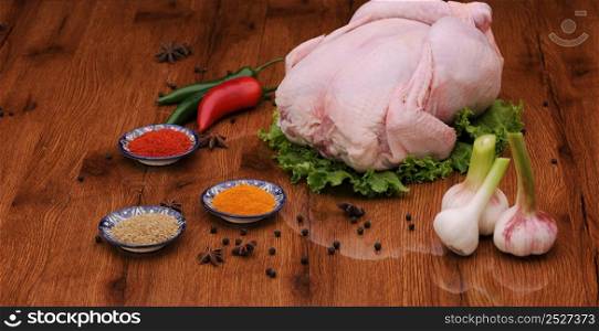raw chicken meat with herbs and lettuce with garlic and pepper on the varnished board. raw meat on the board with spices