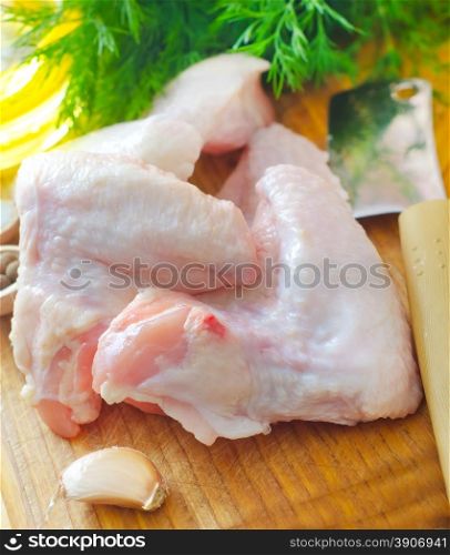 Raw chicken on wooden board, Chicken Wings