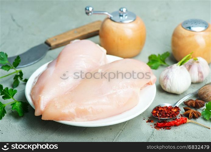 raw choicken fillet on plate and on a table