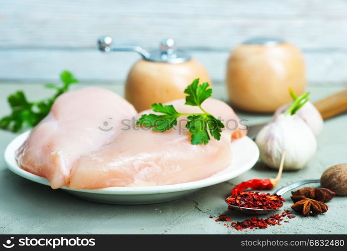 raw choicken fillet on plate and on a table