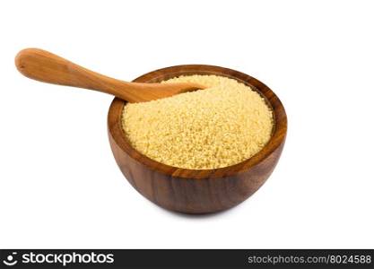 Raw couscous in a wooden bowl on white background
