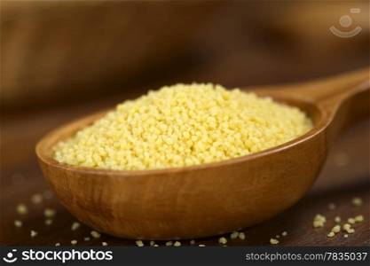 Raw couscous on wooden spoon (Very Shallow Depth of Field, Focus one third into the couscous). Raw Couscous on Wooden Spoon