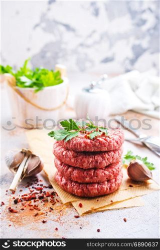 raw cutlets for burger, raw cutlets on a table