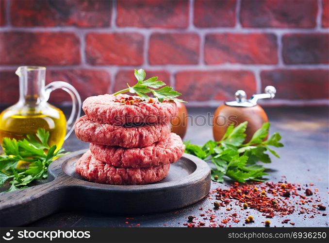 raw cutlets for burger with salt and aroma spice