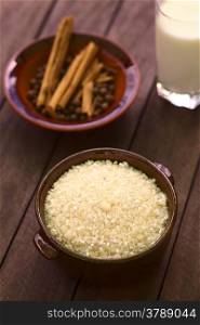 Raw Ecuadorian morocho (coarsely ground white corn) which is used in Ecuador to prepare a dessert with milk and spices similar to rice pudding (Selective Focus, Focus into the middle of the morocho)