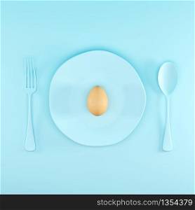 Raw Egg on blue color dish with spoon and fork on top view. Easter Egg Minimal idea concept. 3D Render