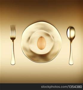 Raw Egg on golden dish with spoon and fork on top view. Easter Egg Minimal idea concept. 3D Render