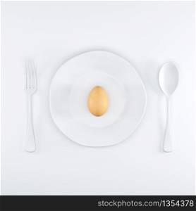 Raw Egg on White color dish with spoon and fork on top view. Easter Egg Minimal idea concept. 3D Render