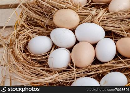 raw eggs in the hay on a wooden background