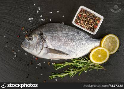 Raw fish dorado on black slate background with spices, rosemary and lemon. Top view, flat lay with copy space for text. Fresh fish dorado on black slate background with ingredients for cooking
