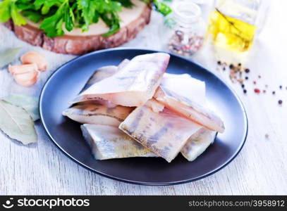 raw fish fillet on plate and on a table