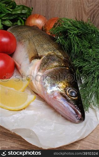 Raw fish pike perch on a paper near vegetables
