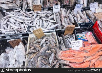 raw frozen fish on a local market