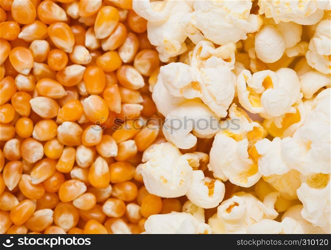 Raw golden sweet corn and popcorn seeds half plate macro