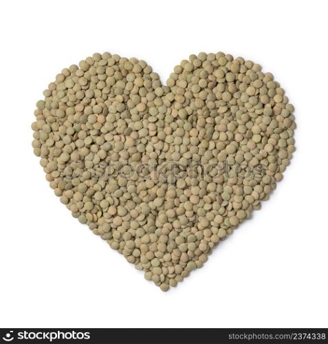 Raw green lentils in heart shape isolated on white background