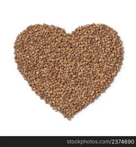 Raw Kasha, roasted buckwheat, in heart shape isolated on white background