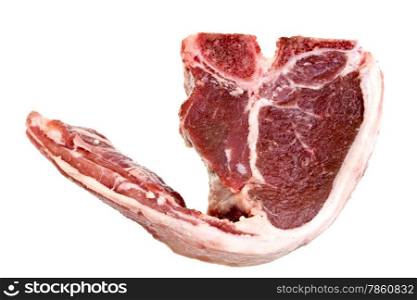 Raw lamb loin chops with fat around the meat isolated over white background