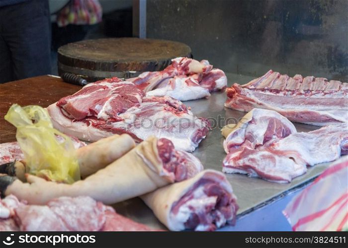 Raw meat at vendor, traditional market in Taipei