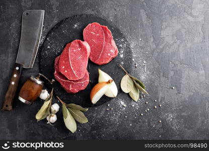 Raw meat, beef steaks