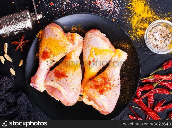 Raw meat, chicken legs, chicken with herbs and spices