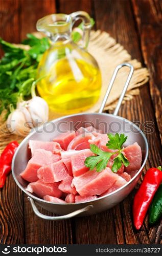 raw meat in pan and on a table
