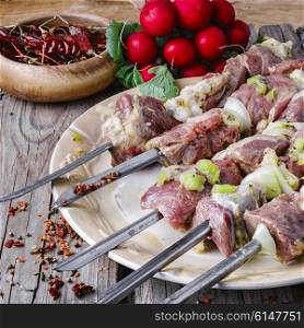 raw meat on skewer. raw meat with vegetables threaded onto a skewer for roasting on the coals