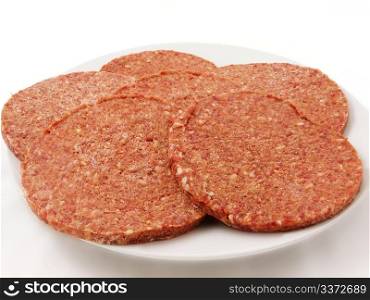 Raw meat. Raw hamburger meat on white plate, towards white background, isolated