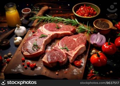 Raw meat steak with rosemary on a cutting board. Meat steak with rosemary on a cutting board