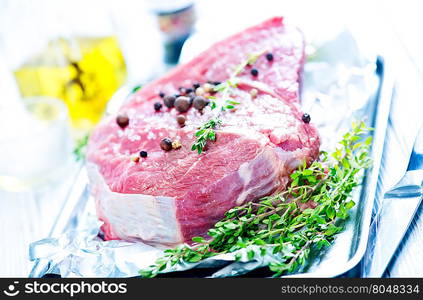 raw meat with aroma sxpice on a kitchen table