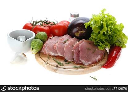 raw meat with garlic and porcelain mortar