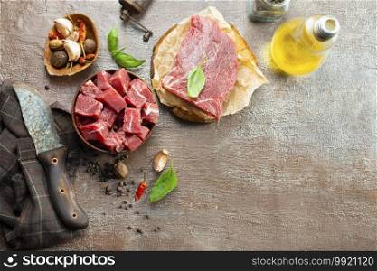 raw meat with salt and aroma spice