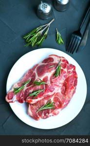 raw meat with spice on plate and on a table