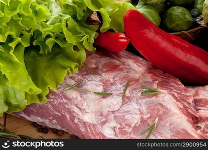 raw meat with vegetables and porcelain mortar