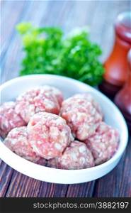 raw meatballs on plate and on a table