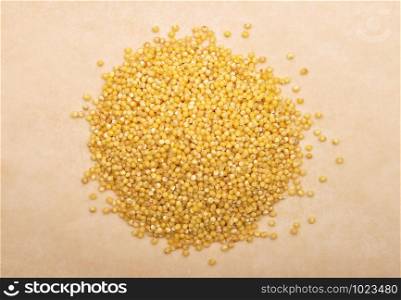 Raw millet on brown background
