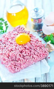 raw minced meat with spice and salt on a table