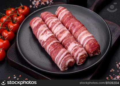 Raw minced meat wrapped in bacon with salt and spices or cevapcici on a dark concrete background