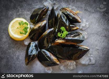 Raw Mussels with herbs lemon and dark plate background / Fresh seafood shellfish on ice in the restaurant or for sale in the market mussel shell food